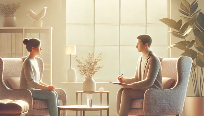 DALL·E 2025-01-04 14.23.34 - A serene therapy session without any text or letters in the image. The scene depicts a therapist attentively listening to a patient in a calming and p